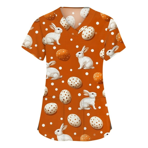 LTTVQM Women's Easter Scrub Tops 2026 Rabbit Eggs Graphic Funny Short Sleeve Scrub Tops Soft V-Neck Trendy Tops with Pockets Orange S