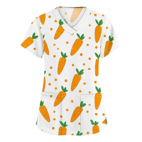 LTTVQM Women's Easter Scrub Tops Bunny Eggs Print Cute Short Sleeve Clothes Soft V-Neck Holiday Tops with Pockets White 5XL
