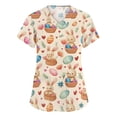 thumbnail image 1 of LTTVQM Women's Easter Scrub Tops Bunny Eggs Print Happy Short Sleeve Scrub Tops Casual V Neck Holiday Tops with Pockets Beige 3XL, 1 of 5