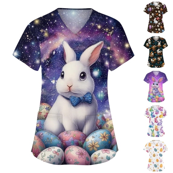 LTTVQM Women's Easter Scrub Tops Rabbit Eggs Graphic Funny Short Sleeve Scrub Tops Soft V-Neck Lightweight Tops with Pockets Dark Purple L