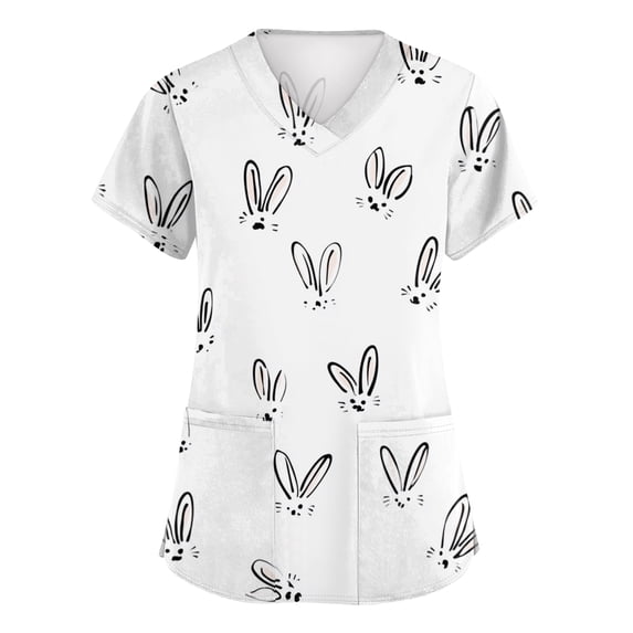 LTTVQM Women's Easter Scrub Tops Rabbits Eggs Print Cute Short Sleeve Scrub Tops Loose Fit V-Neck Vacation Shirts with Pockets White 4XL