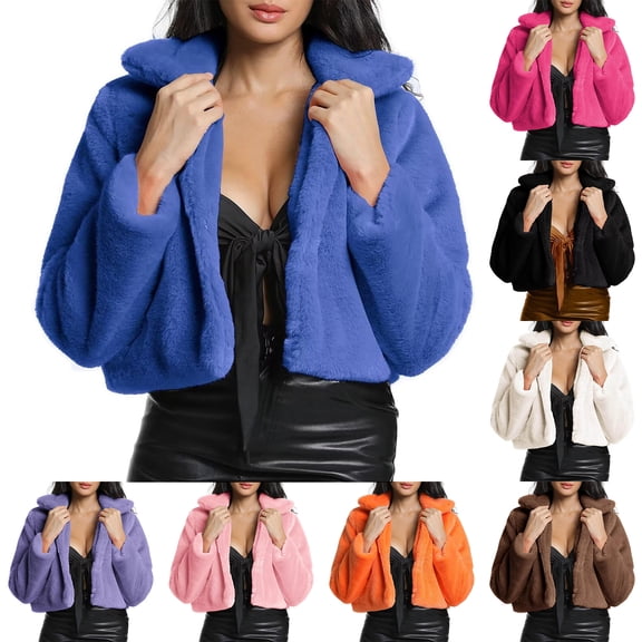 LTTVQM Women's Faux Fur Coat Fasion Winter Open Front Cropped Jacket Lapel Long Sleeve Fluffy Faux Fur Coat Blue S