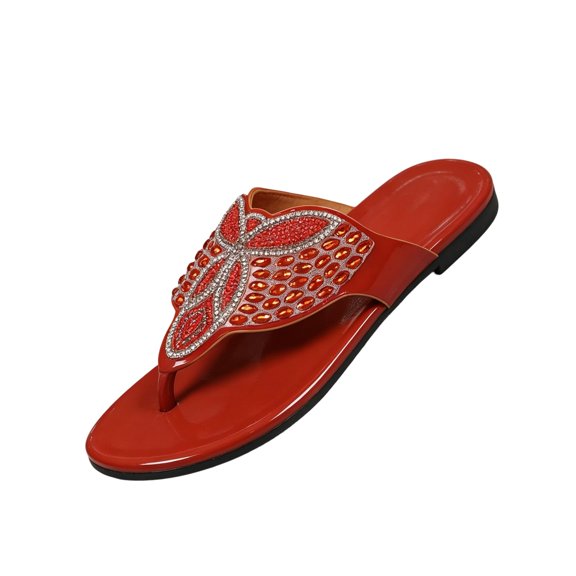 LTTVQM Women's Flat Thong Slide Sandals Comfortable Slip On Elegant Wing Design Sparkling Crystal 2026 Fashion Summer Beach Walking Shoes Red 39(US-7.5)