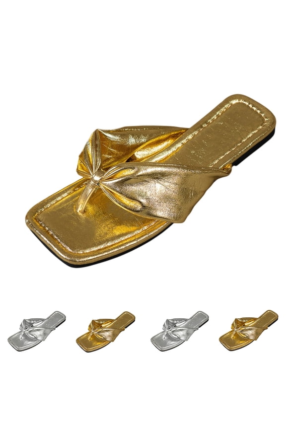 Women's Flip Flops Flat Sandals Dressy Metallic Square Toe Bow Thong Slip On Slippers Vacation Summer Wedding Going Out Lounge Sandals Gold 36(US-5.5)