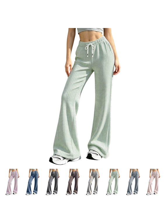 Women's Grid Pattern Plaid Flare Bootcut Street Sweatpants Elastic Waistband Relaxed Bootcut Silhouette For Weekend Street Hangout And Shopping With Pockets