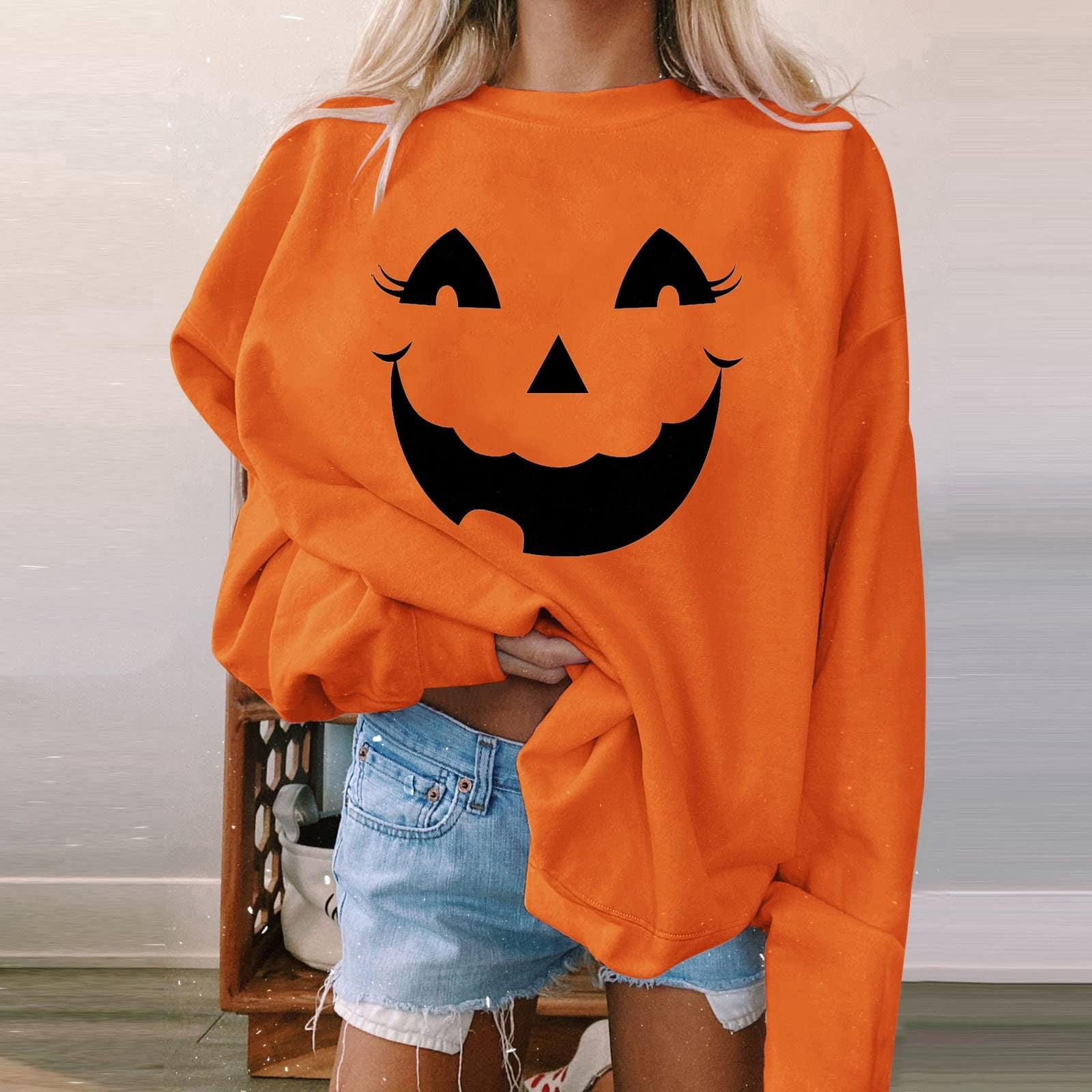 LTTVQM Women s Halloween Pumpkin Face Fashion Sweatshirts Oversized Hoodies Crew Neck Pullover Sweaters Casual Comfy Fall Fashion Outfits Tops 2024 Orange M Walmart
