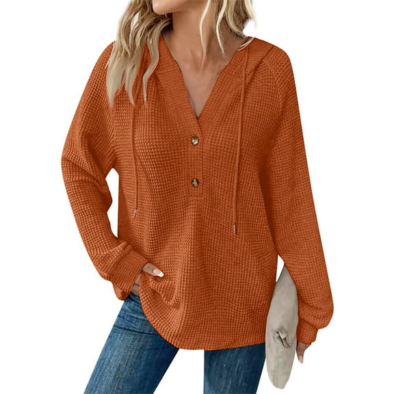 LTTVQM Women's Hoodies Knitted Casual Lightweight Long Sleeve Drawstring Fall Sweaters Loose Fit Button Down Sweatshirt Trendy V-Neck Blouses Pullover Orange L