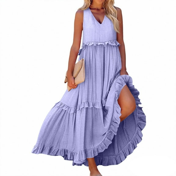 LTTVQM Women's Long Dresses Summer Flowy Sleeveless Maxi Dress Vacation V Neck Ruffle Tiered Sundresses Loose Fit Dress with Pocket Light Purple XXL