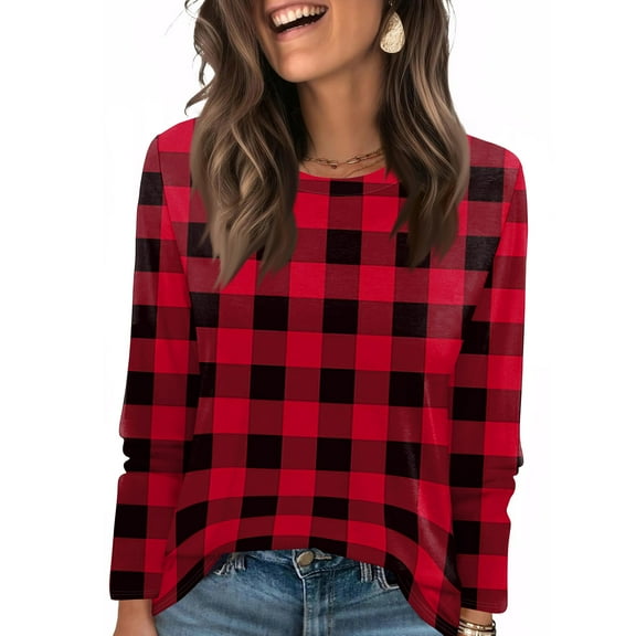 LTTVQM Women's Long Sleeve Shirts Color Block Casual Crew Neck T Shirts Basic Tops Spring Fall Fashion Clothing Red L