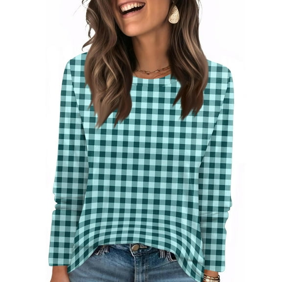 LTTVQM Women's Long Sleeve Shirts Plaid Casual Crewneck T-Shirts Cute Blouses Fall Winter Trendy Clothing Sky Blue M