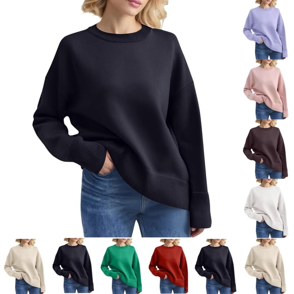 LTTVQM Women’s Long Sleeve Sweaters Cropped Crew Neck Business Casual Light Weight Spring Sweater Tops Fall Winter Fashion Clothes 2026 Black XL