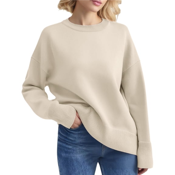 LTTVQM Women’s Long Sleeve Sweaters Cropped Crew Neck Business Casual Light Weight Spring Sweater Tops Fall Winter Fashion Clothes 2026 Khaki M