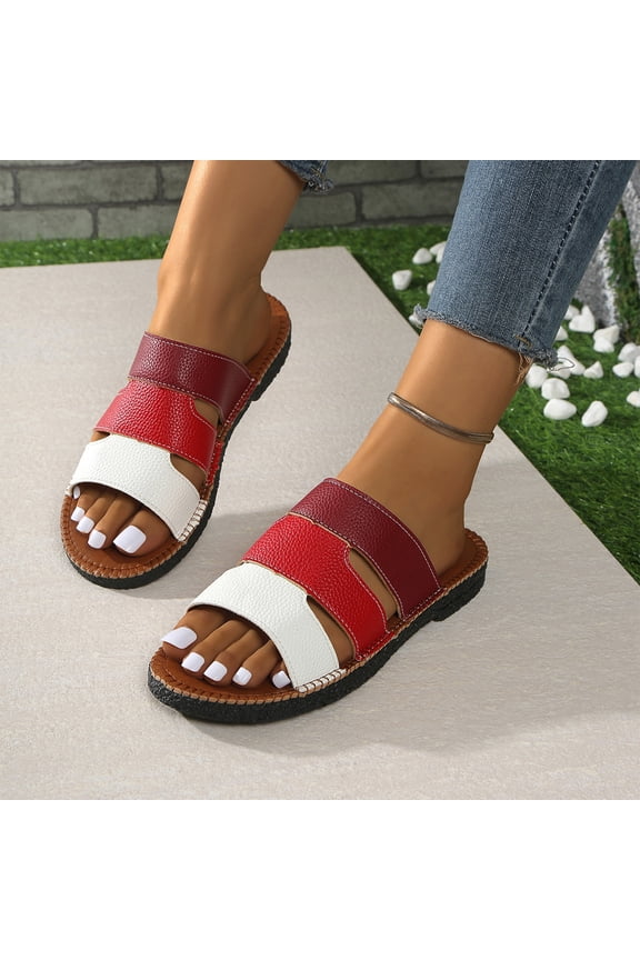 Women's Slide Sandals Color Block Three Strap Comfortable Open Toe Flat Casual 2026 Summer Slip On Fashion Shoes Watermelon Red 36(US-5.5)