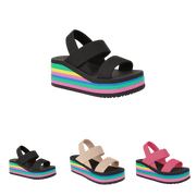 LTTVQM Womens Summer Sandals Rainbow Thick Sole Slide On Wedge Heels Lightweight Foam Comfortable Beach Slip On Flops Black 39US-7.5