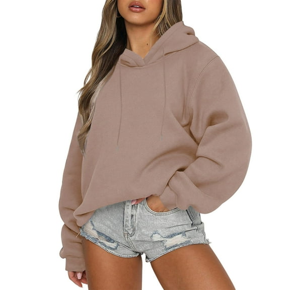 LTTVQM Women's Sweatshirts Casual Long Sleeve Hoodies Trendy Crew neck Drawstring Pullover Tops Soft Hooded Sweatshirts Light Brown L