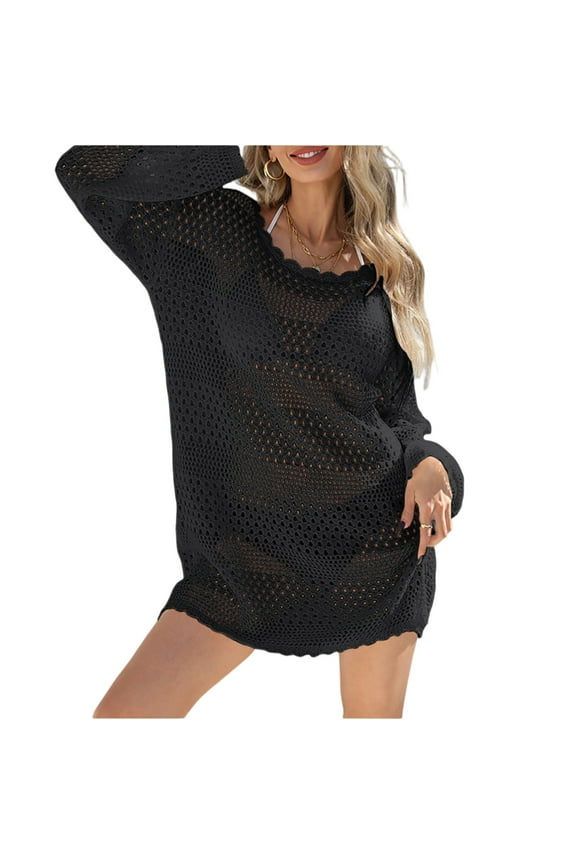 Women's Swimsuit Cover Up Crochet Holiday Long Sleeve Summer Dress Mesh Knit Beach Cover Ups Hollow Out Bathing Suit Black L