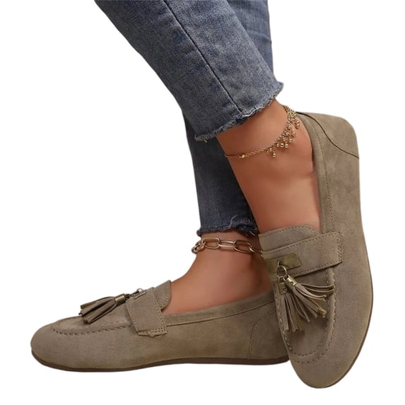 LTTVQM Women's Tassel Loafers Comfortable Classic Suede Pointed Toe Slip-On Flats Vintage Non-Slip Work Driving Shoes Khaki 41(US-8.5)
