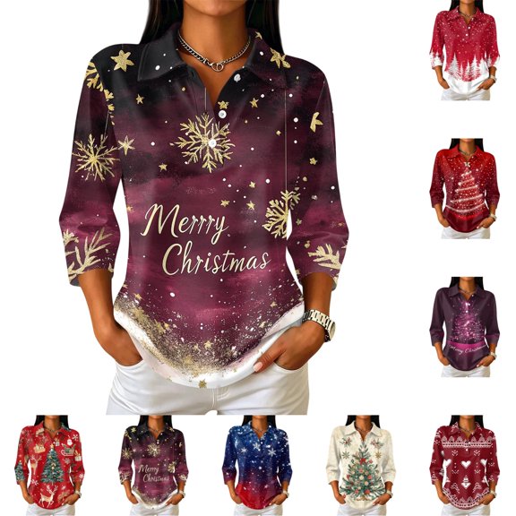 LTTVQM Women's Tops Christmas Graphic Festive 3/4 Sleeve Collared Half‑Button Polo Pine Forest Gift Print Casual Holiday Gathering Attire Blouses