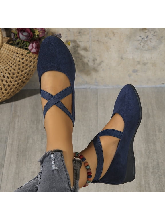 Women's Wedge Flats Suede Elastic Cross Strap Arch Support Dress Mary Jane Shoes Soft Sole Slip-On Business Work Office Ballet Loafers Blue 42(US-9)