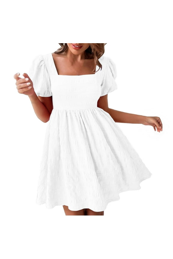 Women's White Dresses for Graduation Summer Solid Color Mini Dress Casual Puff Sleeve Wedding Guest Dresses Comfy Square Neck Party Dress White S