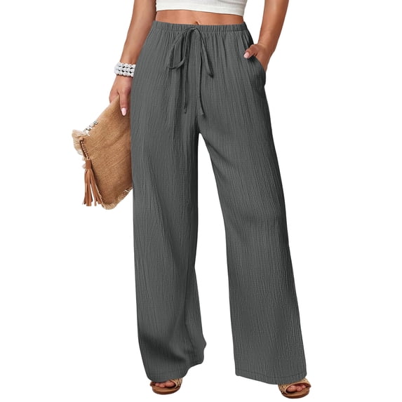 LTTVQM Women's Wide Leg Beach Pants Elastic Waist Lightweight Casual Linen Flowy 2026 Summer Palazzo Lounge Trousers with Pockets Dark Gray L