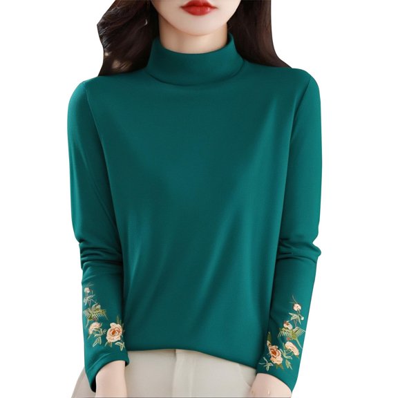 LTTVQM Women's Winter Shirts Long Sleeve Casual Floral Print Cotton Blouses Lightweight Mock Neck Holiday T Shirts Dark Green XL