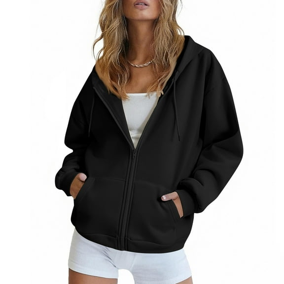 LTTVQM Women's Zip Up Hoodie Casual Long Sleeve Drawstring Hooded Holiday with Pocket Sweatshirts Pullover Fashion Fall Winter Clothes Black L