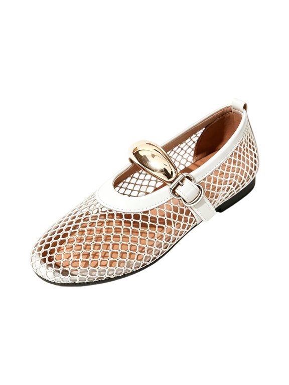 Womens Ballet Flats Elegant Slip on Double Strap Mesh Hollow Out Pointed Toe Mary Jane Shoes Breathable Soft Arch Support Dance Flat Shoes White 42(US-9)