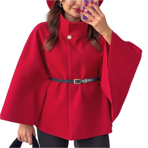 LTTVQM Womens Batwing Sleeve Poncho Pea Coats Oversized Belted Trendy Casual Stand Collar Cloak Cape Coats Red L