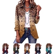 LTTVQM Womens Blazer Leopard Gradient Shirt Jacket Vintage Lapel Ruffle Edge Outerwear Double-Breasted Long Sleeve Casual Coat