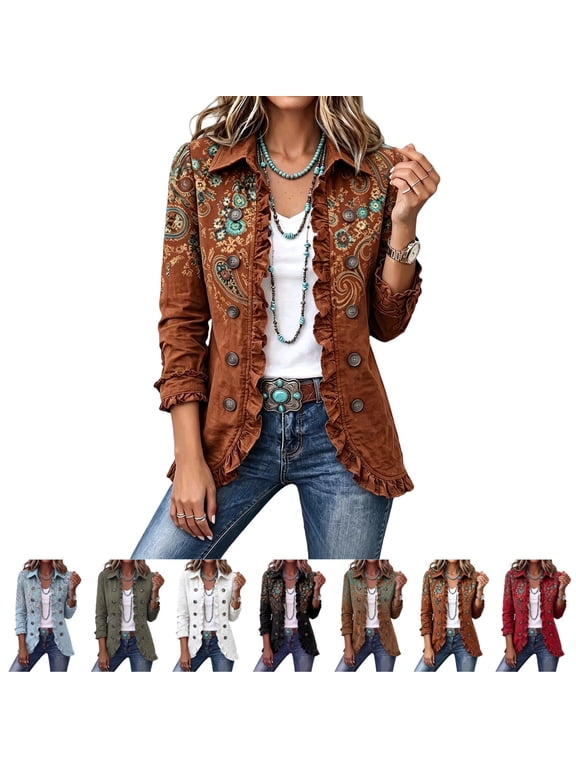 Womens Blazer Retro Floral Paisley Shirt Jacket Western Lapel Ruffle Edge Outerwear Double-Breasted Long Sleeve Casual Coat