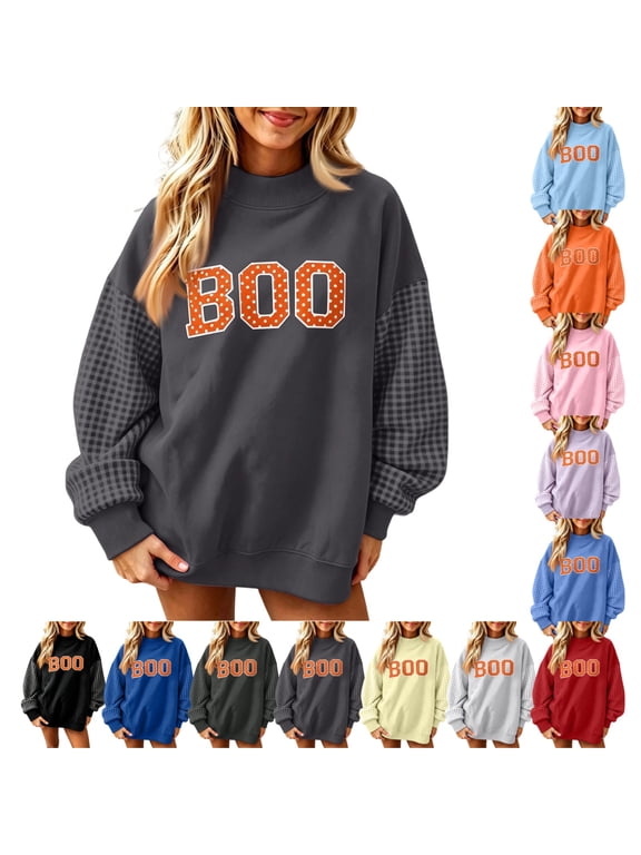Womens Boo Letter Sweatshirt Gingham Plaid Patchwork Oversized Long Sleeve Pullover Tops Mock Neck Casual Shirts Fashion Soft Blouses