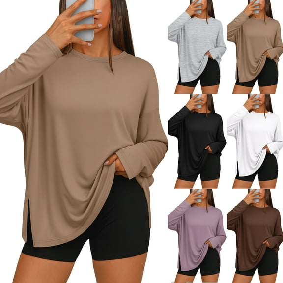 LTTVQM Womens Crewneck T Shirts Loose Fit Long Sleeve Shirts Trendy Oversized Blouses Fashion Side Slit Pullover Tops Khaki M
