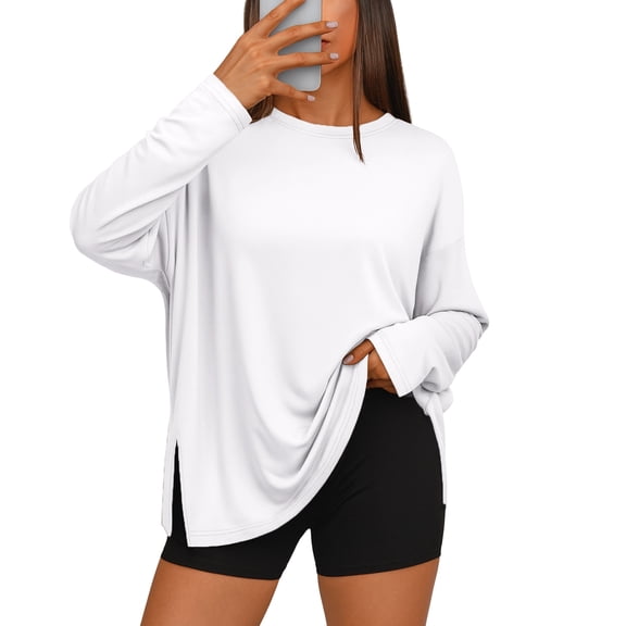LTTVQM Womens Crewneck T Shirts Loose Fit Long Sleeve Shirts Trendy Oversized Blouses Fashion Side Slit Pullover Tops White M