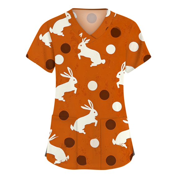 LTTVQM Womens Easter Scrub Tops Bunny Eggs Print Cute Short Sleeve Shirts Loose Fit V-Neck Trendy Scrub Tops with Pockets Orange XL