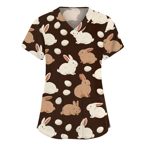LTTVQM Womens Easter Scrub Tops Rabbits Eggs Print Funny Short Sleeve Scrub Tops Loose Fit V Neck Fashion Tops with Pockets Brown L