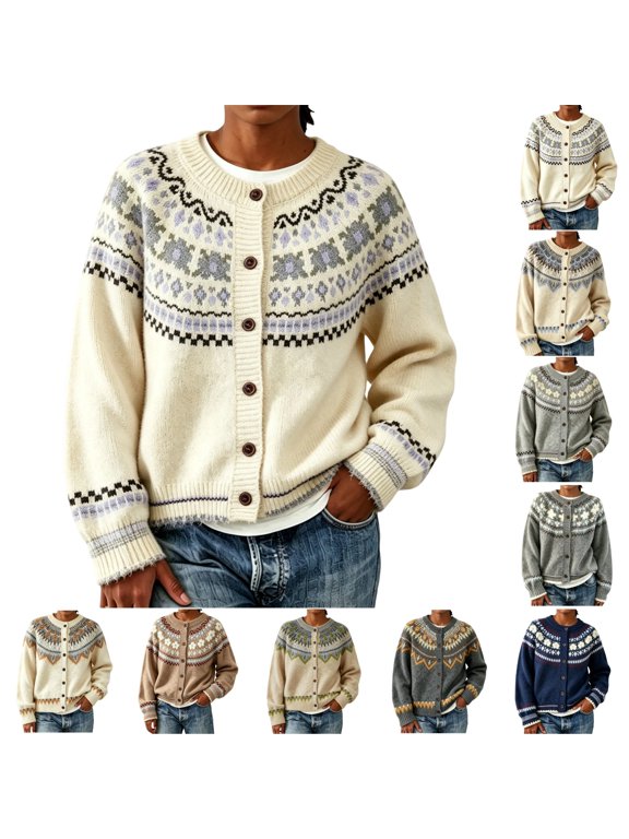 Womens Fair Isle Cardigan Sweaters Retro Button Up Geometric Print Casual Crewneck Knit Cardigans Long Sleeve Soft Open Front Comfy Outwear