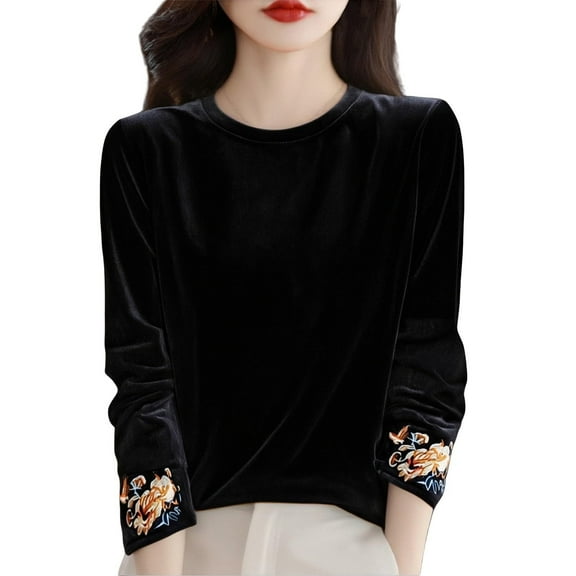 LTTVQM Womens Fall Shirts Long Sleeve Casual Floral Print Cotton Blouses Comfy Mock Neck Fashion T Shirts Black L