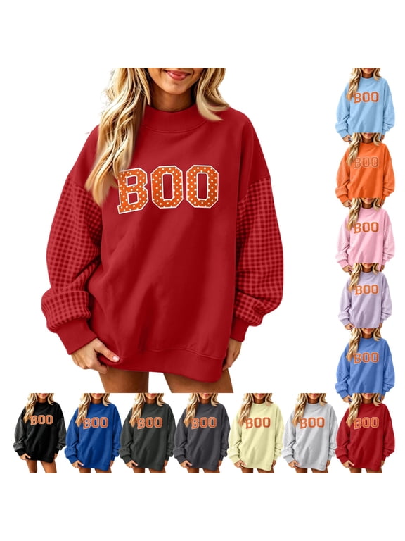 Womens Festive Boo Sweatshirt Check Plaid Contrast Loose Fit Long Sleeve Pullover Tops Mock Neck Fall Shirts Fashion Soft Blouses