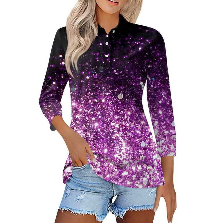 LTTVQM Womens Golf Shirts on Sale V Neck Button Down Golf Polos Collared Tops 3 4 Length Sleeve Vintage Sequins Print Trendy Tops Lightweight Summer