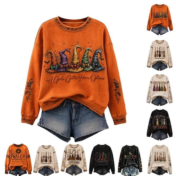 LTTVQM Womens Halloween Sweatshirt Witch Salem Retro Spooky Graphic Oversized Long Sleeve For Fall Festival Daily Casual Outing Tops