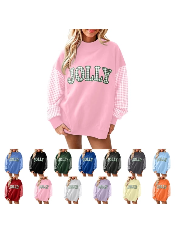 Womens Holiday Letter Sweatshirt Gingham Panel Oversized Long Sleeve Pullover Tops Mock Neck Casual Shirts Fashion Warm Blouses