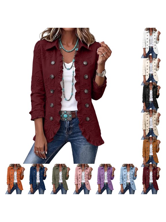 Womens Jacket Floral Embroidery Vintage Coat Retro Lapel Ruffle Trim Outerwear Double-Breasted Long Sleeve Casual Blazer