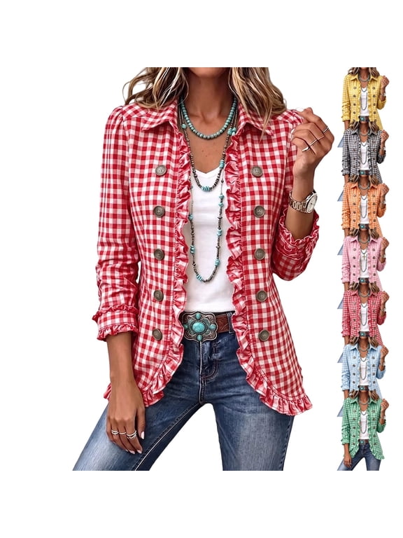 Womens Jacket Gingham Plaid Vintage Coat Retro Lapel Ruffle Trim Outerwear Double-Breasted Long Sleeve Casual Blazer