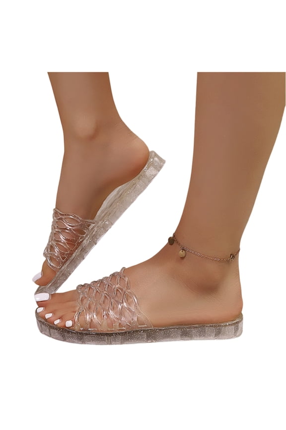 Womens Jelly Mules Transparent Glitter Clear Open Toe Flat Mules Lounge Breathable Slip-On Vacation Trendy Shoes White 38(US-7)