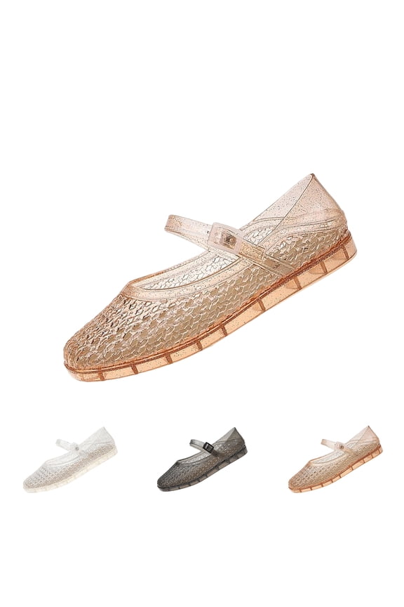 Womens Jelly Mules Transparent Hollow Out Closed Toe Adjustable Strap Mary Jane Flats Lounge Breathable Slip on Vacation Walking Flats Champagne 36(US-5.5)