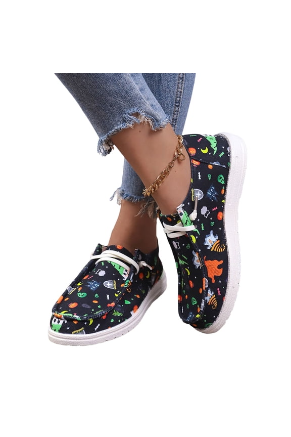 Womens Loafers Halloween Orthopedic Novelty Lace Up Pumpkin Graphic Canvas with Arch Support Spooky Funny Non Slip Walking Sneakers Green 40(US-8)