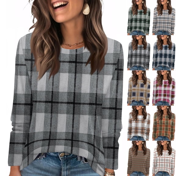 LTTVQM Womens Long Sleeve Shirts Color Block Casual Crew Neck T-Shirts Loose Fit Blouses Spring Fall Fashion Outfits Gray XXL