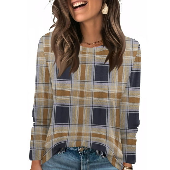 LTTVQM Womens Long Sleeve Shirts Color Block Casual Crew Neck Tee Cute Blouses Fall Winter Fashion Outfits Earthy Yellow XL