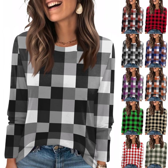 LTTVQM Womens Long Sleeve Shirts Color Block Casual Crewneck T Shirts Loose Fit Blouses Fall Winter Fashion Clothing Gray S